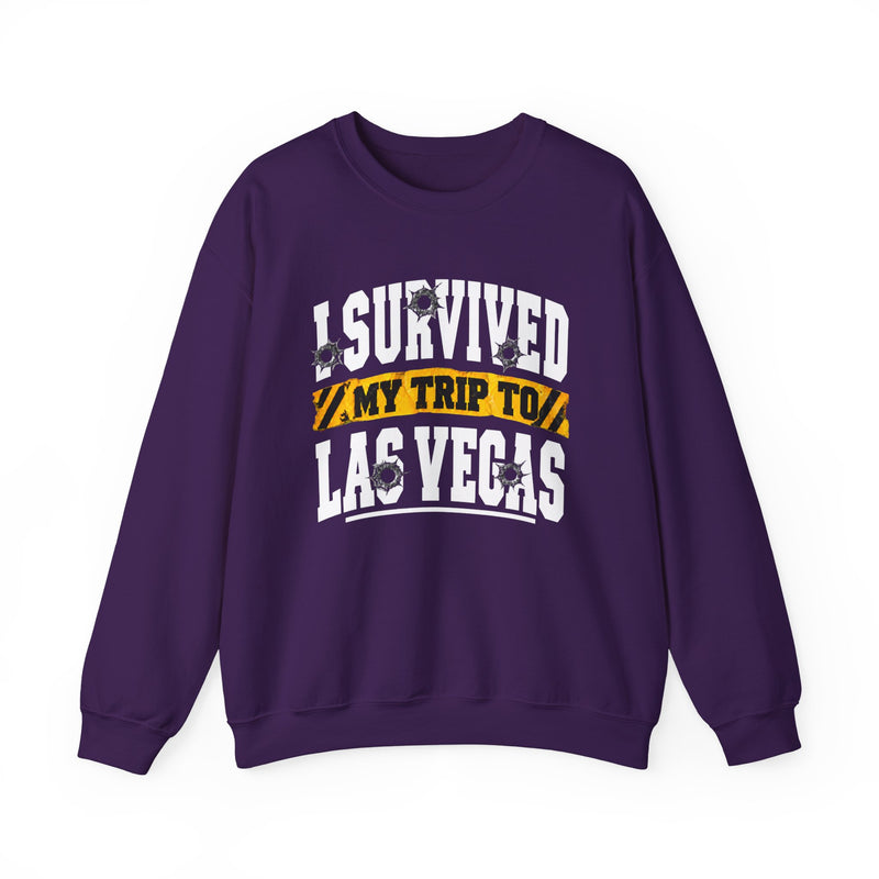 Sweatshirt with collegiate lettering reading I SURVIVED MY TRIP TO LAS VEGAS, front view.