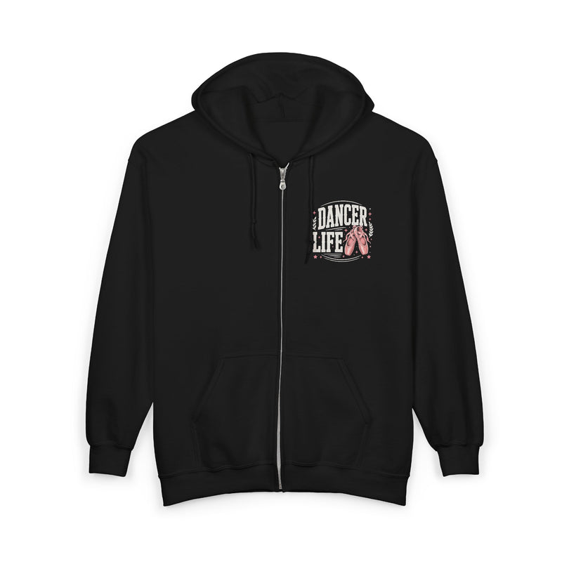 Black hoodie with dark bold dancer-pride lettering reading I'M ABOUT THAT DANCER LIFE, front flat-lay view.