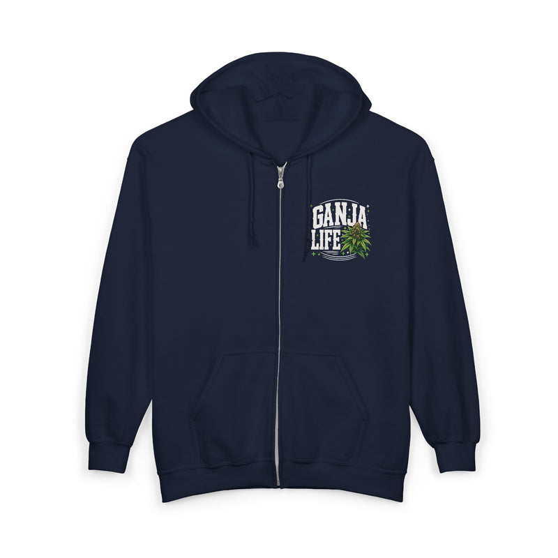 Zip Hoodie with white block lettering reading I'M ABOUT THAT GANJA LIFE, back view. Street Talk Designs 420 friendly statement apparel.
