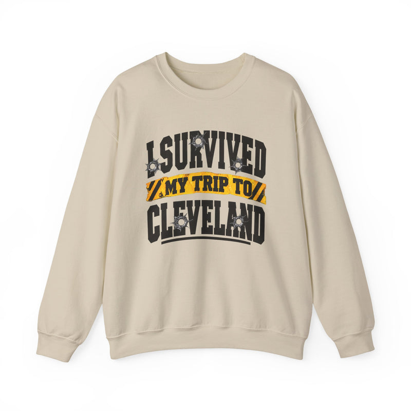 Sweatshirt product with collegiate lettering reading I SURVIVED MY TRIP TO CLEVELAND, on-model view.