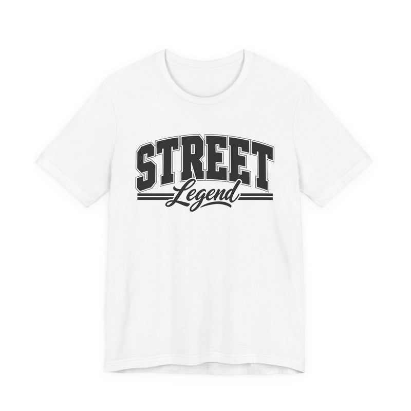 T-Shirt product with collegiate lettering reading STREET LEGEND, alternate view.