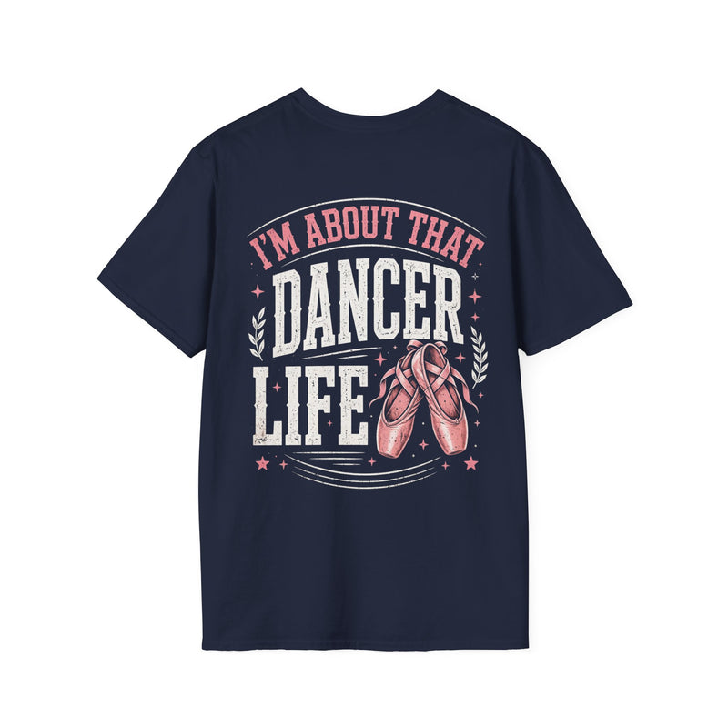 Navy t-shirt with white and pink western lettering reading "I'M ABOUT THAT DANCER LIFE", back flat-lay view.