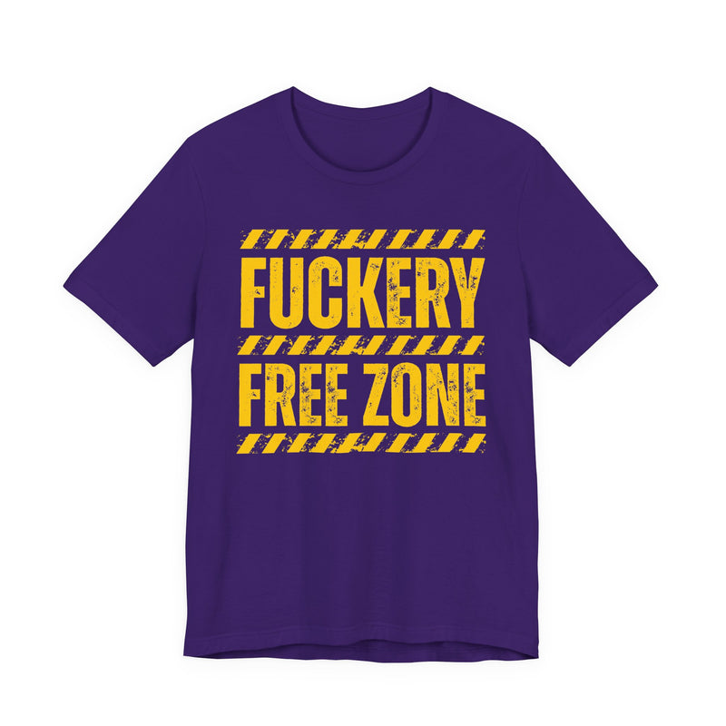 T-Shirt in Team Purple with lettering reading "FUCKERY FREE ZONE", front view.