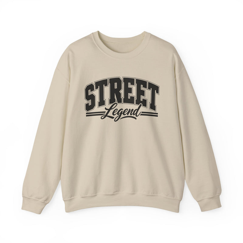 Sweatshirt product with collegiate lettering reading STREET LEGEND, detail close-up.