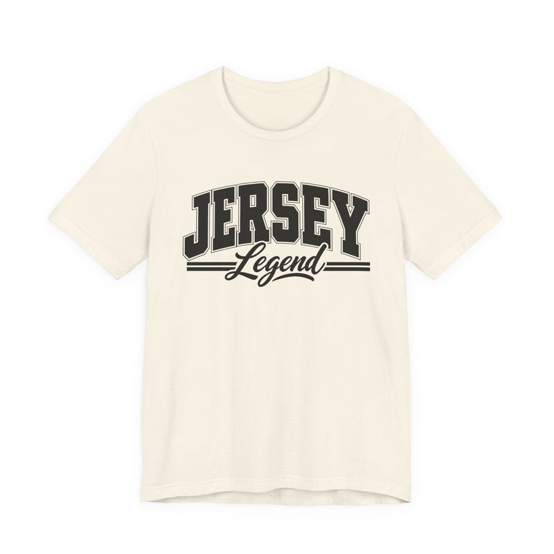 T-Shirt product photo with arched collegiate block lettering reading "JERSEY" with the word "Legend" in script beneath, front view.