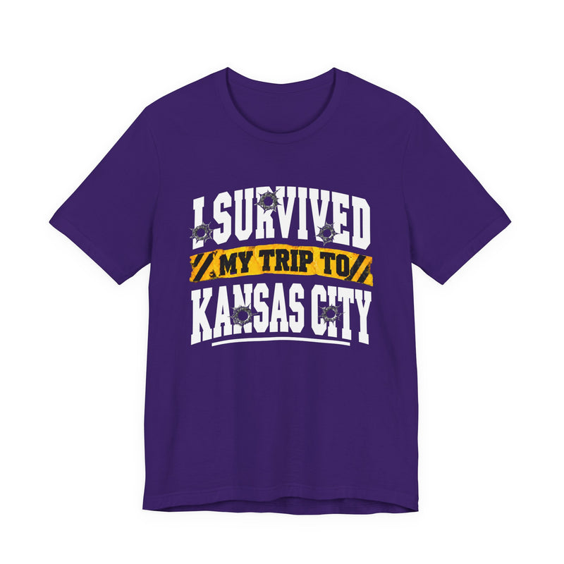 T-Shirt product with collegiate lettering reading I SURVIVED MY TRIP TO KANSAS CITY, alternate view.
