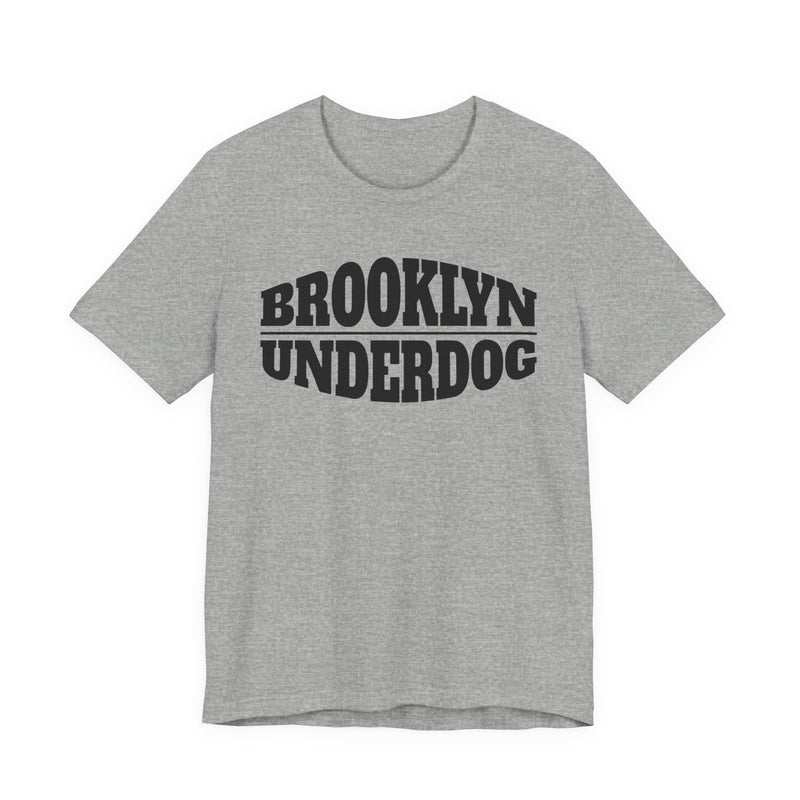 Athletic Heather T-shirt with black arched BROOKLYN and inverted-arch UNDERDOG collegiate print, front flat-lay view