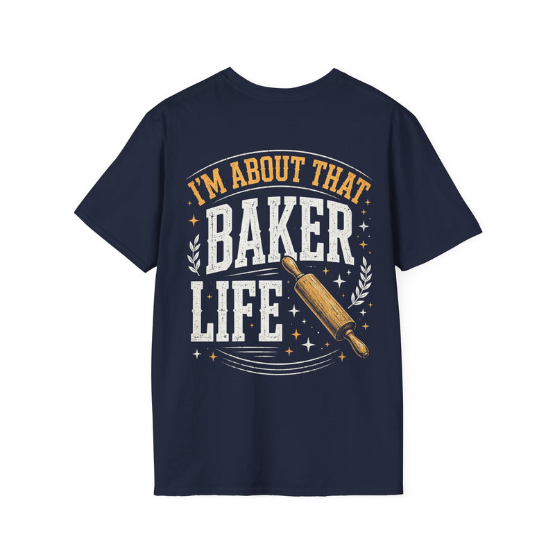 Navy t-shirt with orange and white lettering reading "I'M ABOUT THAT BAKER LIFE", back view.