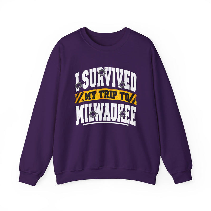 Sweatshirt with bold lettering reading I SURVIVED MY TRIP TO MILWAUKEE, product view.