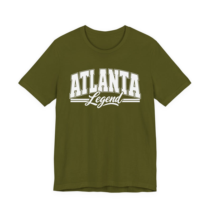 Olive t-shirt with white varsity block and script lettering reading ATLANTA LEGEND, front flat-lay view.
