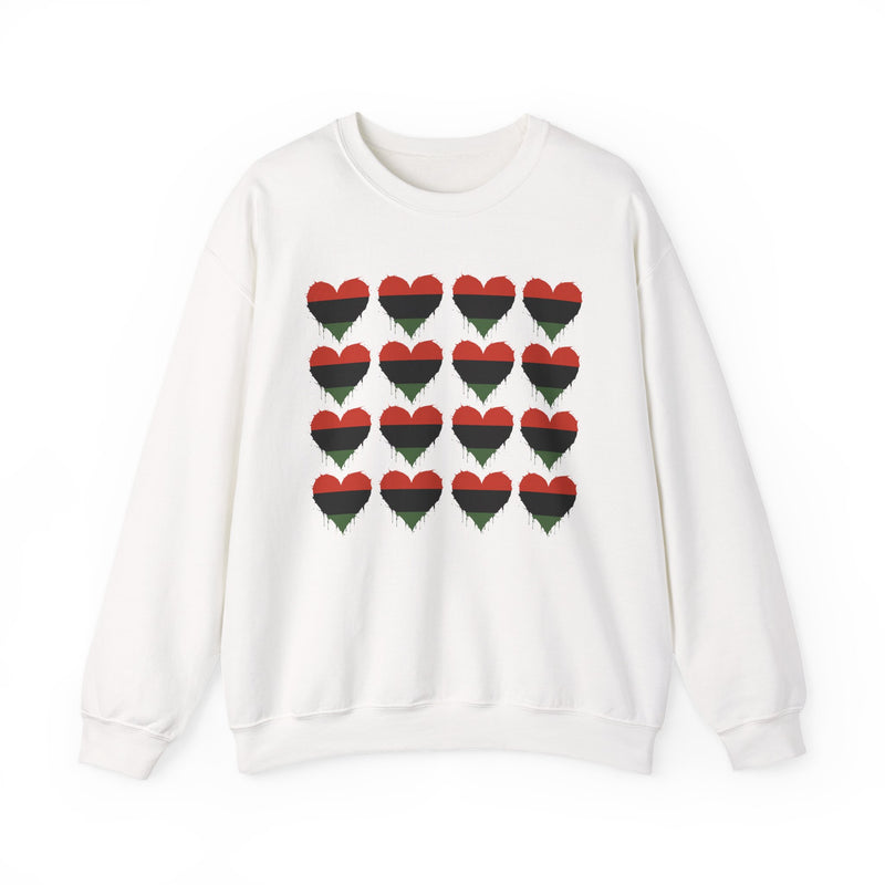 Pan-African Flag Red Black Green Heart Grid Graphic — Sweatshirt back view: PAN-AFRICAN FLAG RED BLACK GREEN HEART GRID GRAPHIC in bold statement lettering. Street Talk Designs culture statement apparel.