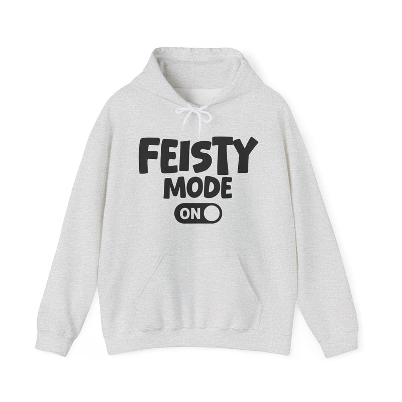 Black hoodie with white bubble lettering reading FEISTY MODE ON, alternate view.