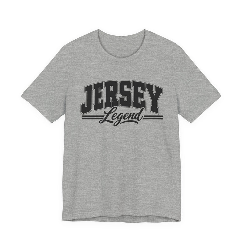 T-Shirt product photo with arched collegiate block lettering reading "JERSEY" with the word "Legend" in script beneath, front view.