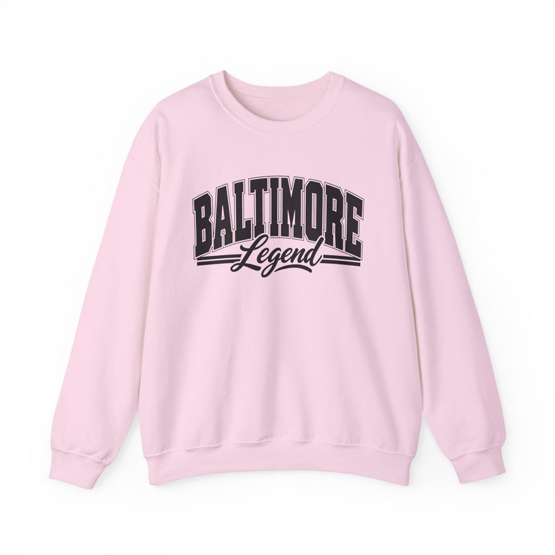 Sweatshirt product with collegiate lettering reading BALTIMORE LEGEND, flat lay.