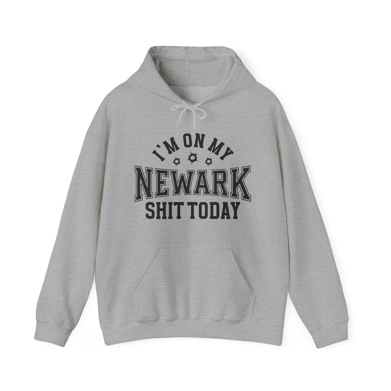Hoodie product with collegiate lettering with bullet-hole accents reading I'M ON MY NEWARK SHIT TODAY, detail close-up.