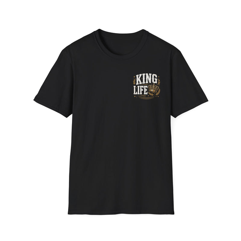 Navy t-shirt with small I'M ABOUT THAT KING LIFE chest emblem, alternate view.
