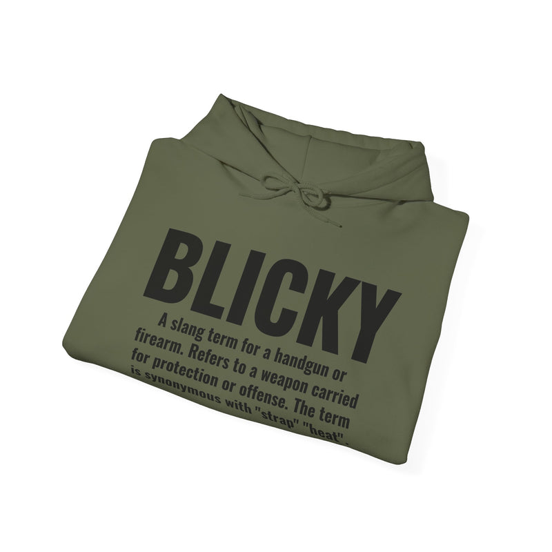 Hoodie in Olive with black definition print reading BLICKY — street slang definition of a handgun, flat lay