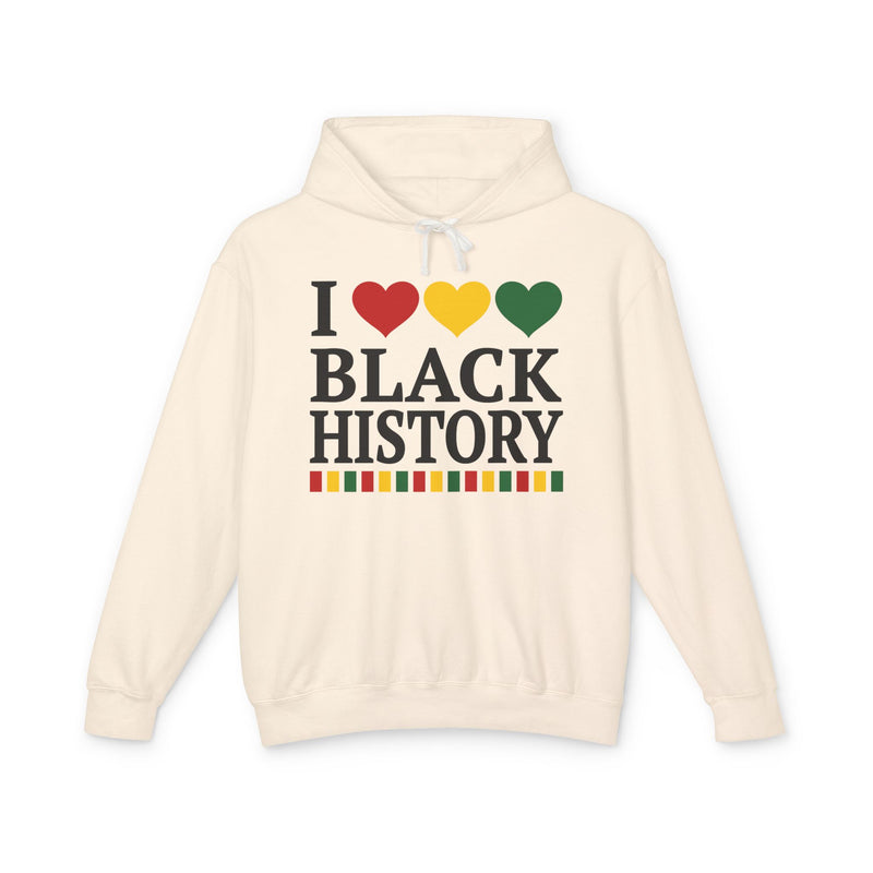 Front flat-lay of the I Love Black History hoodie in Ivory: black 'I' with red, gold, and green hearts above black 'BLACK HISTORY' collegiate lettering, with a red, gold, and green stripe bar beneath the text.