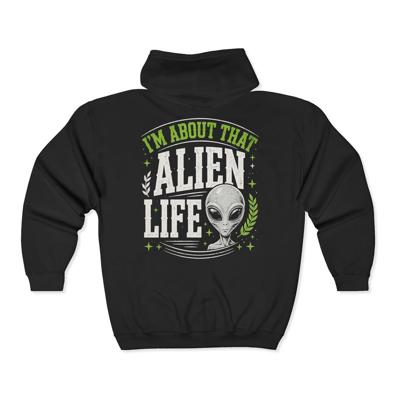 Black zip hoodie with multicolor retro I'M ABOUT THAT ALIEN LIFE lettering and alien graphic, back view.