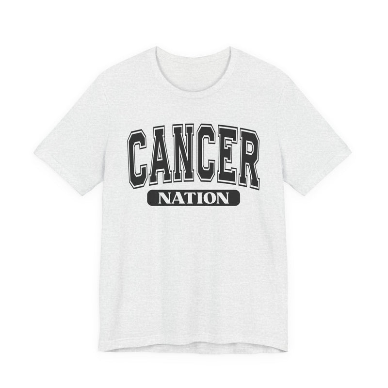 Light heather grey t-shirt with black arched CANCER collegiate lettering over a white NATION pill badge, front flat-lay view.