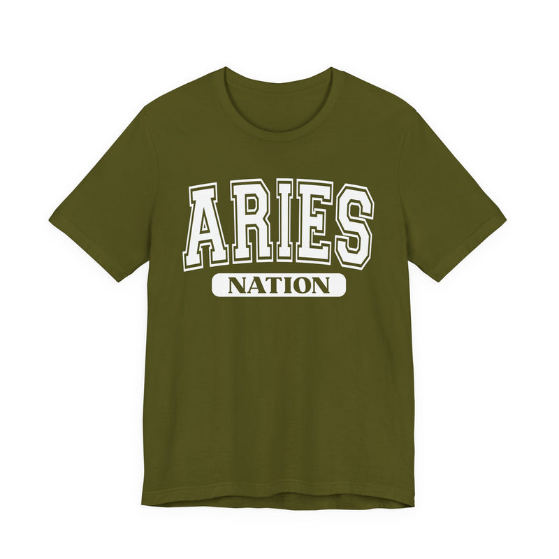 Olive t-shirt with white arched collegiate ARIES lettering and boxed NATION banner, front view.