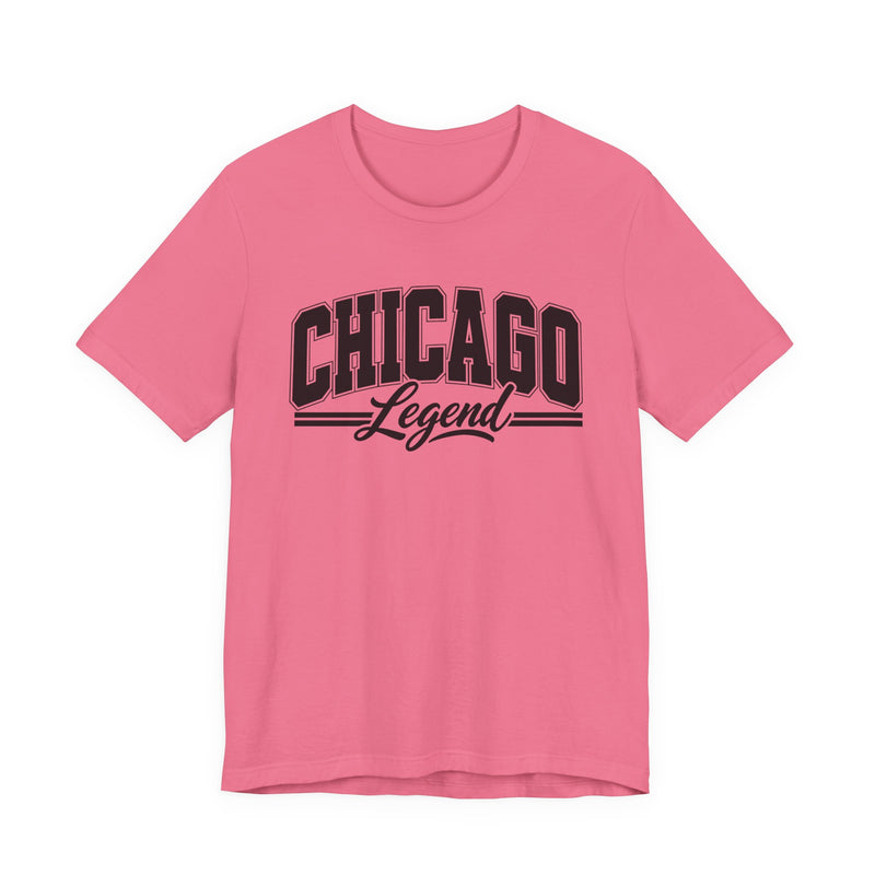 T-Shirt product with collegiate lettering reading CHICAGO LEGEND, flat lay.