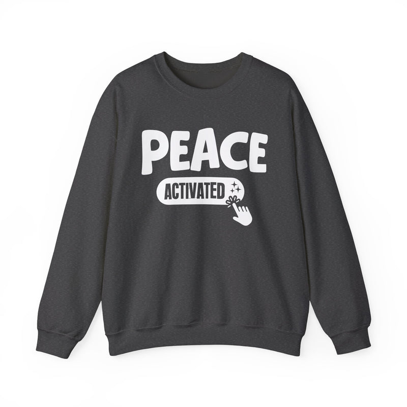 Sweatshirt product with white and teal lettering reading PEACE ACTIVATED, alternate view.