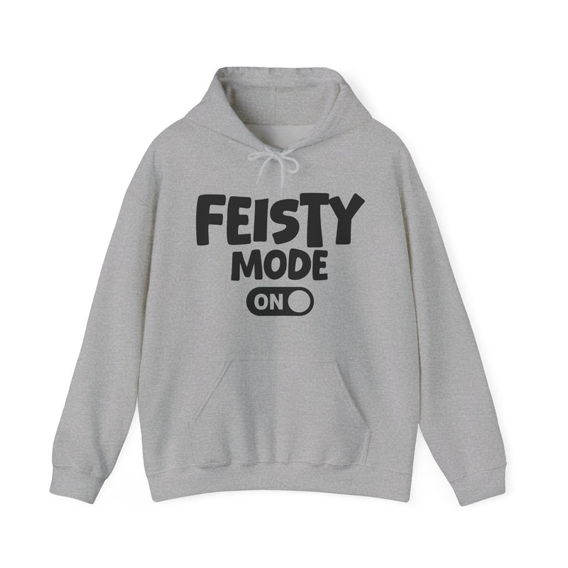Black hoodie with white bubble lettering reading FEISTY MODE ON, alternate view.