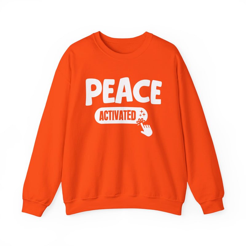 Sweatshirt product with white and teal lettering reading PEACE ACTIVATED, alternate view.
