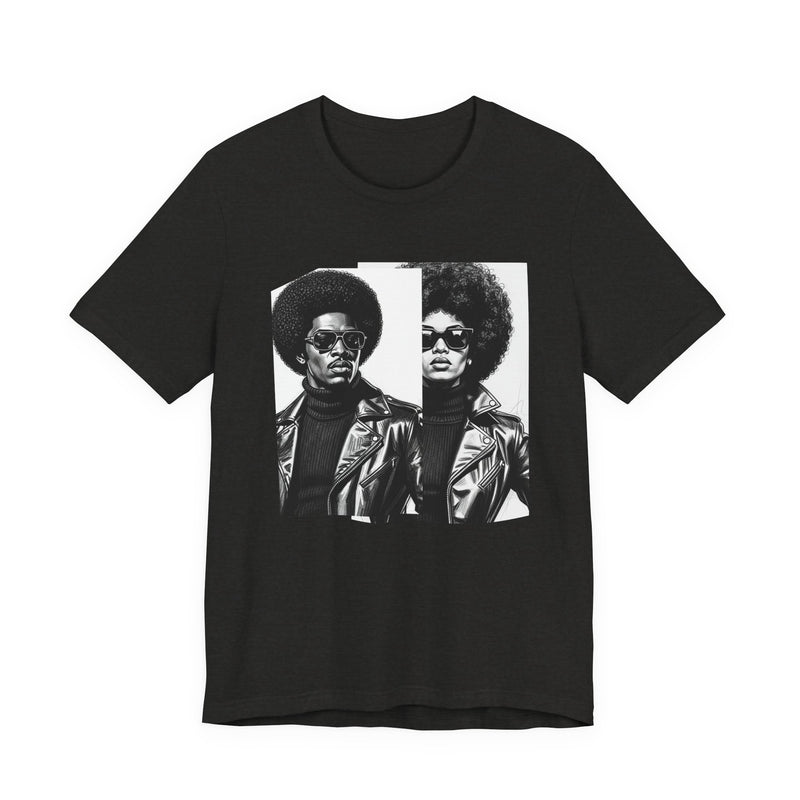 Black t-shirt featuring a 70s-style portrait design, flat-lay view.