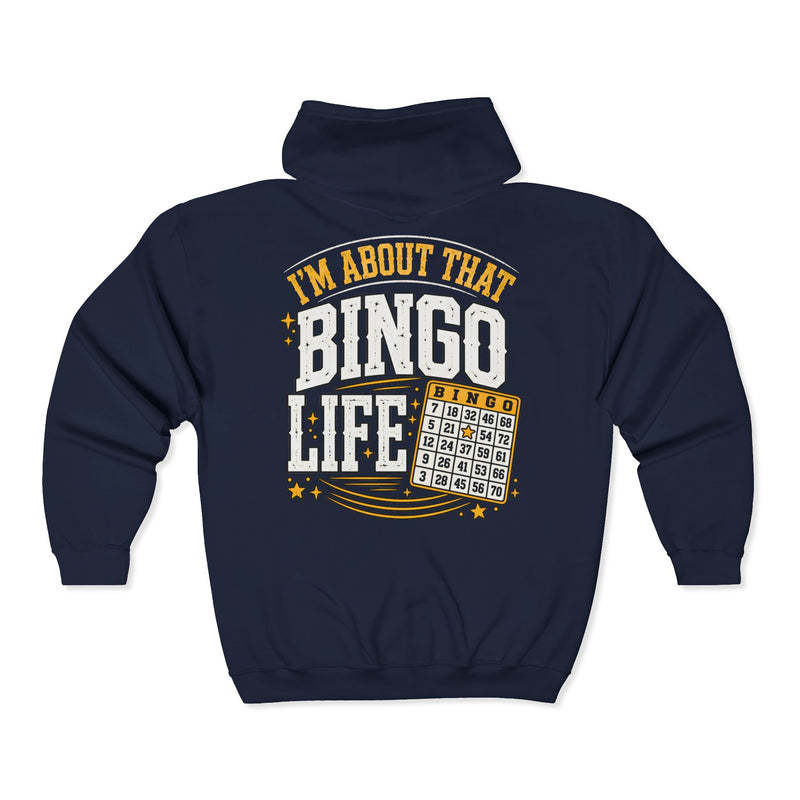 Navy zip hoodie with gold and white bubble lettering reading I'M ABOUT THAT BINGO LIFE, back view.