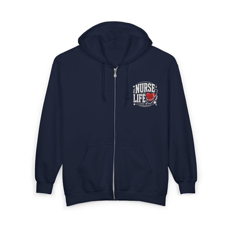 Navy hoodie with small white and red "NURSE LIFE" chest logo, front flat-lay view.