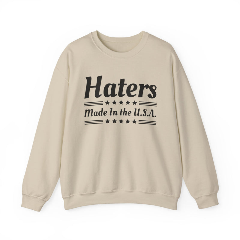 Haters Made In The USA — Sweatshirt fabric detail close-up: HATERS MADE IN THE USA in bold statement lettering. Street Talk Designs politics and power statement apparel.