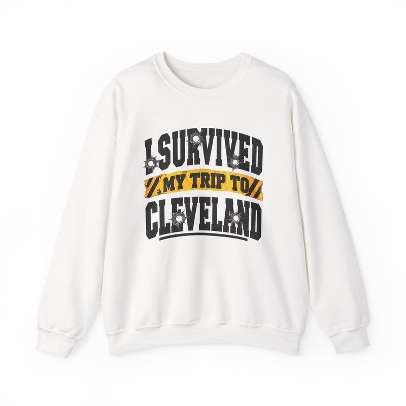 Sweatshirt product with collegiate lettering reading I SURVIVED MY TRIP TO CLEVELAND, alternate view.