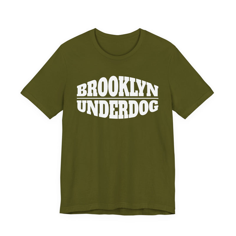Olive T-shirt with white arched BROOKLYN and inverted-arch UNDERDOG collegiate print, front flat-lay view
