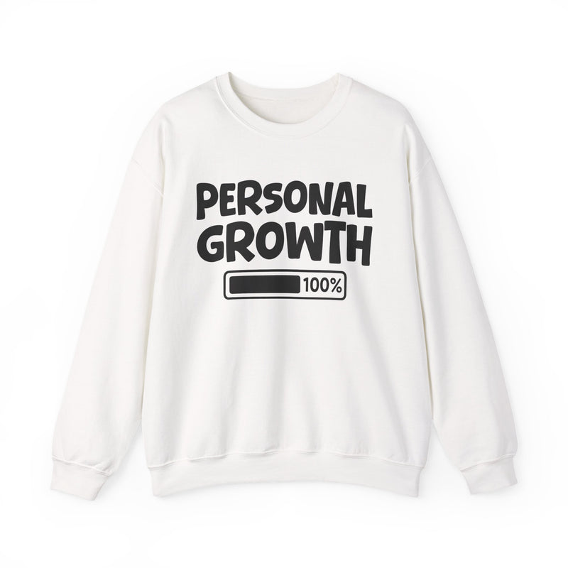 Graphic sweatshirt with bold statement lettering reading "PERSONAL GROWTH 100% LOADED", front view, product mockup