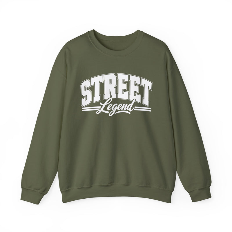 Sweatshirt product with collegiate lettering reading STREET LEGEND, lifestyle view.