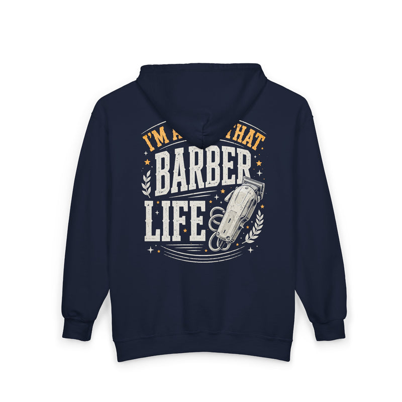 Navy zip hoodie with small I'M ABOUT THAT BARBER LIFE chest emblem, alternate view.