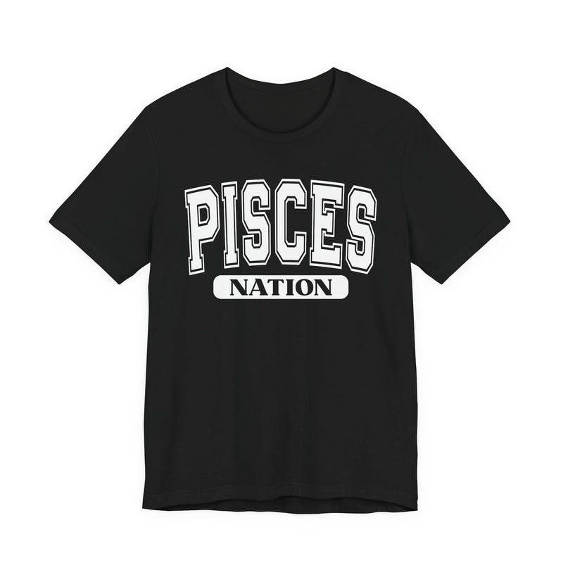 Black T-shirt with white arched collegiate PISCES lettering and boxed NATION print, front view.