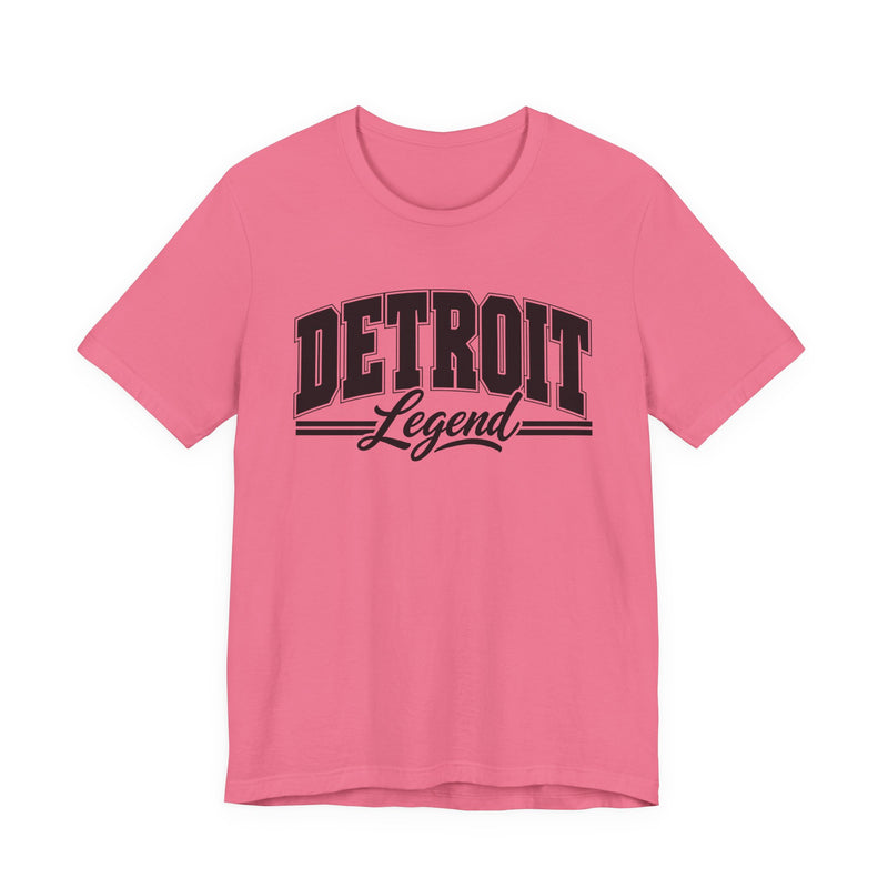 T-Shirt product photo with arched collegiate block lettering reading "DETROIT" with the word "Legend" in script beneath, front view.