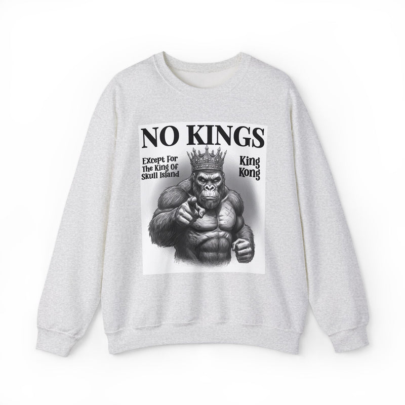 No Kings Except For The King Of Skull Island — Sweatshirt fabric detail close-up: NO KINGS EXCEPT FOR THE KING OF SKULL ISLAND in bold statement lettering. Street Talk Designs politics and power statement apparel.