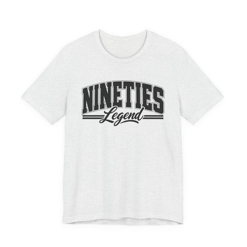 T-shirt with bold lettering reading NINETIES LEGEND, product view.
