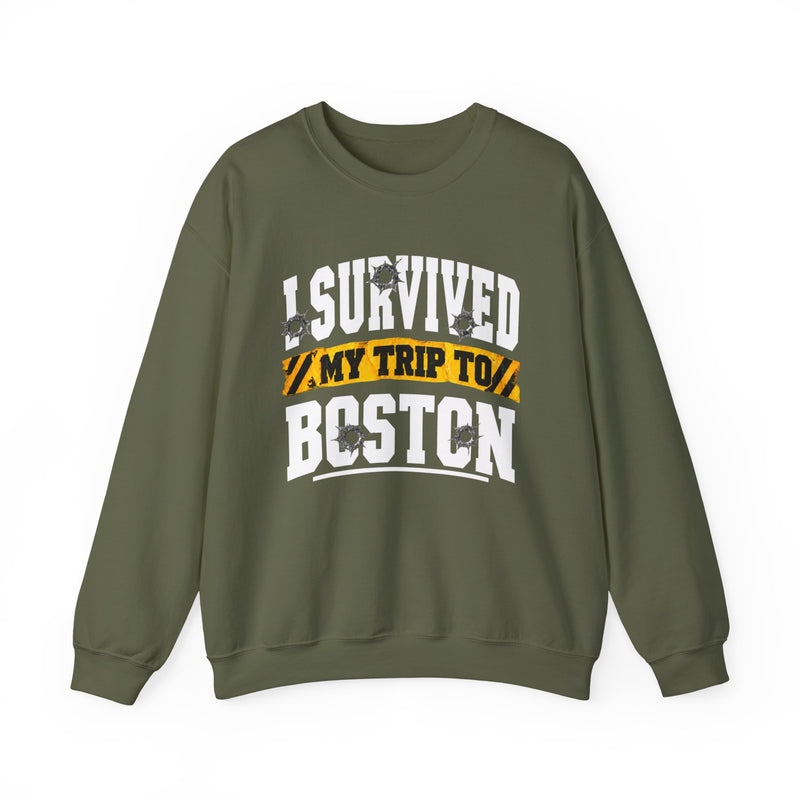 Sweatshirt product with collegiate lettering reading I SURVIVED MY TRIP TO BOSTON, back view.