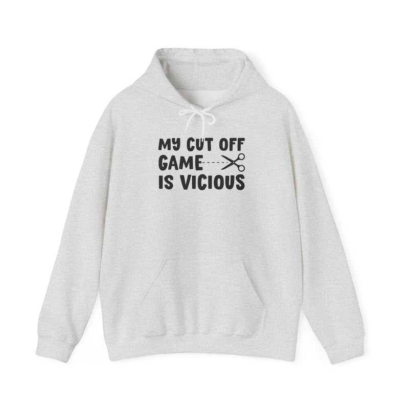 Cream hoodie with sand collegiate lettering reading MY CUTOFF GAME IS VICIOUS, flat-lay view.