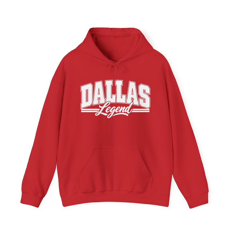 Hoodie with collegiate lettering reading DALLAS LEGEND, front view.