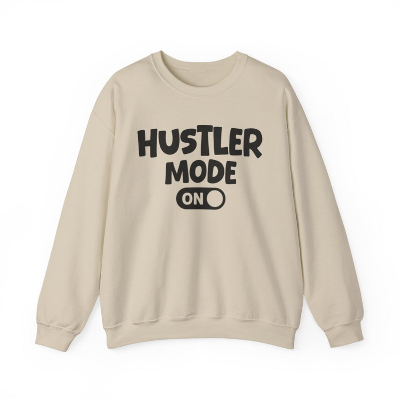 Sand sweatshirt with black bubble lettering reading HUSTLER MODE ON, front.