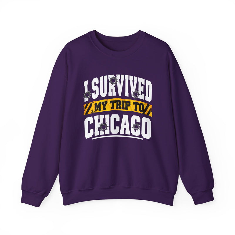 Sweatshirt with bold lettering reading I SURVIVED MY TRIP TO CHICAGO, product view.