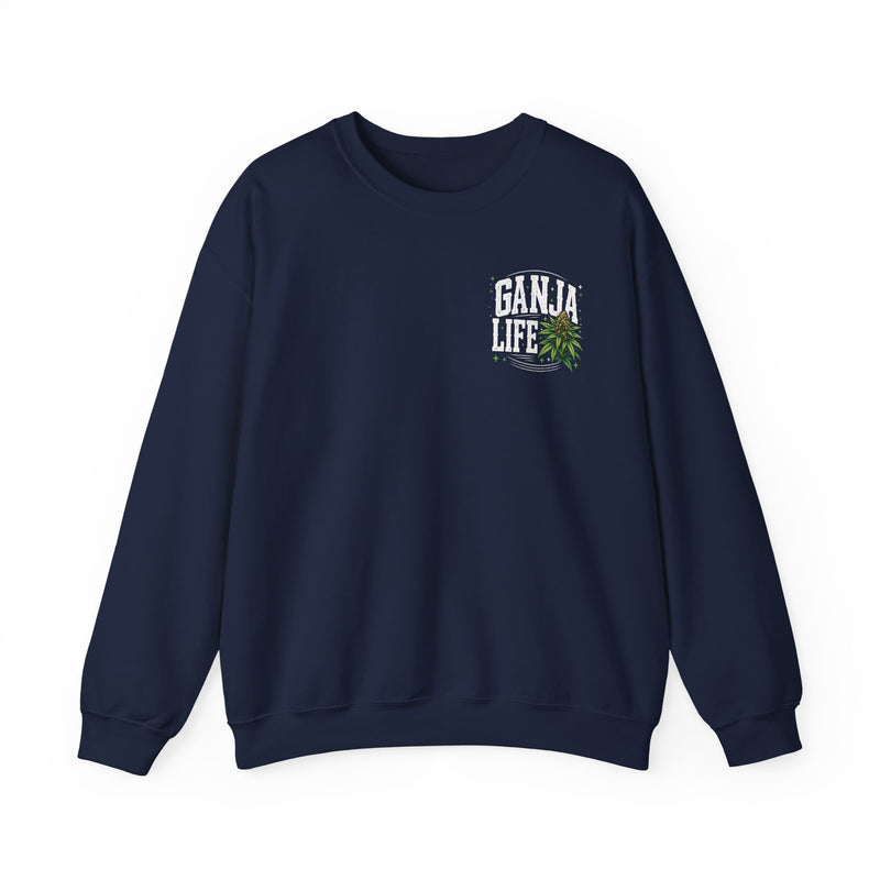 Sweatshirt with white block lettering reading I'M ABOUT THAT GANJA LIFE, back view. Street Talk Designs 420 friendly statement apparel.
