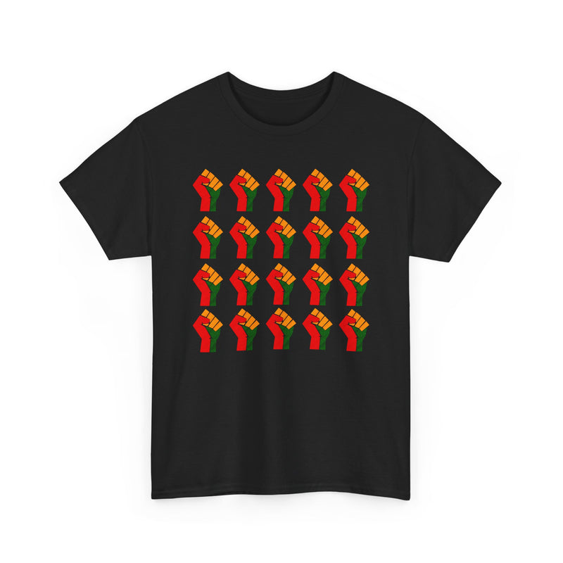 Black t-shirt with a 4-by-5 grid pattern of twenty red, black, and green raised-fist icons, front view.