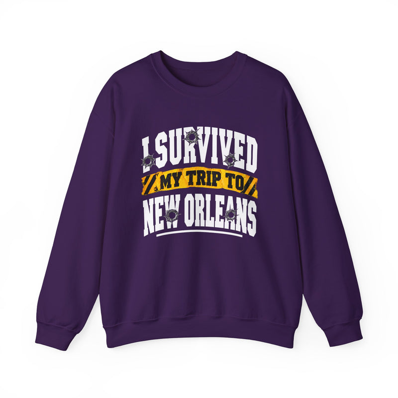 Sweatshirt product with collegiate lettering reading I SURVIVED MY TRIP TO NEW ORLEANS, alternate view.